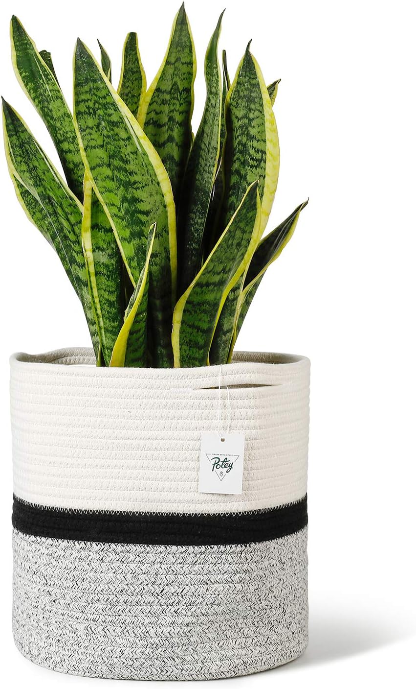 POTEY 700702 Woven Cotton Rope Plant Basket for 10" Flower Pot Floor Indoor Planters, 11” x 11” Storage Basket Organizer Modern Home Decor, White Black Grey Stripes