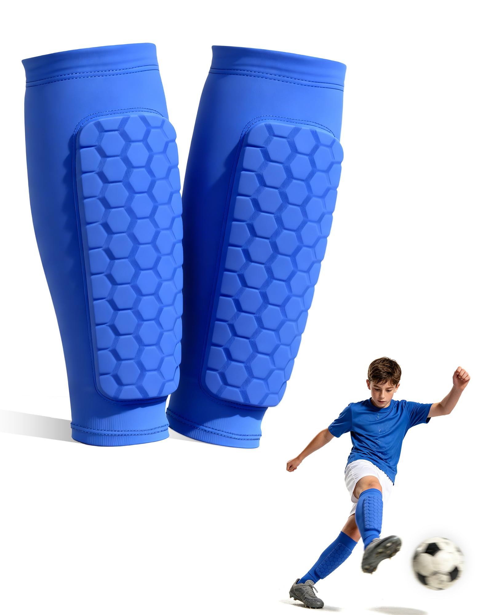 Ouxonix Kids Football Shin Guards M Blue with Sleeve Slip-in for Age 9-12