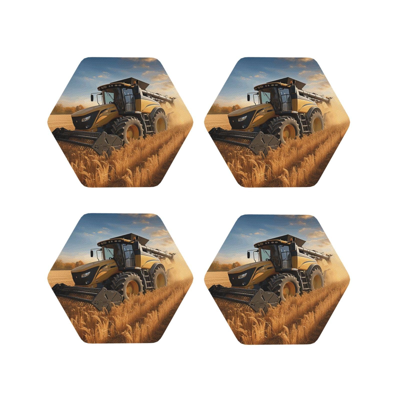 4pcs Drink Coasters for Tabletop Protection, 4" Leather Coasters for Drinks, Farm Tractor Harvester Cup Coasters for Coffee Table Decor, Non-Slip Drinking Cup Mat for Hot Or Cold Drink