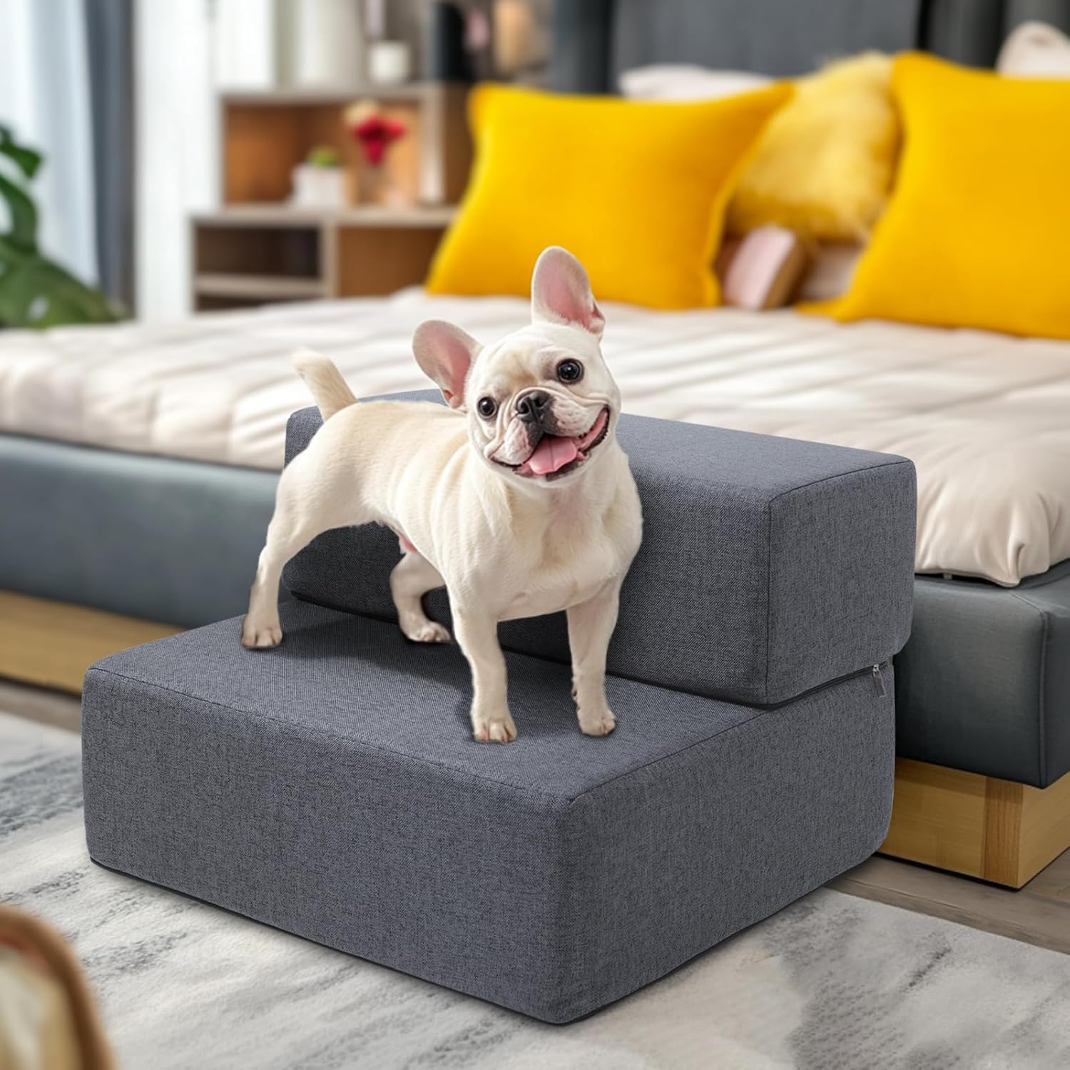 Dog Stairs for Small Dogs 12" H, Modular 2-Step Dog Steps for Bed and Couch, Non-Slip Indoor Pet Stairs for Cats, Pet Step with Washable Cover Grey