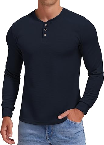 KUYIGO Mens Slim Fit Henley Shirts Casual Solid Button Waffle Fashion Summer T-Shirts Tops