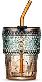 13 oz Tumbler Water Glass, Water Bottle with Straw and Dustproof Lid, Coffee Ice Cup Double Wall Insulated Glass Cup (Amber-Ribbed)