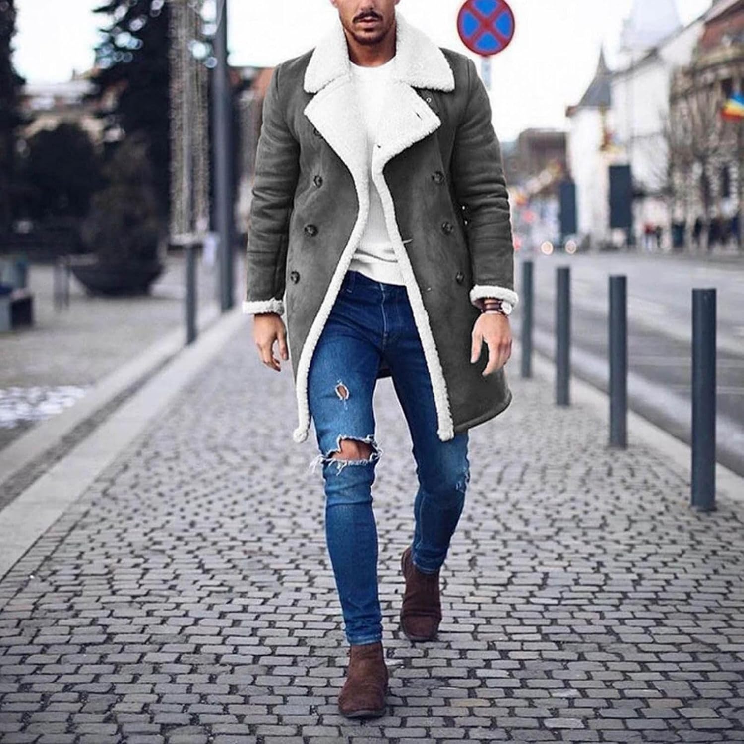 Mens Winter Polar Fleece Long Jackets Lapel Composite Suede Long Sleeve Button Thick Coats Casual Fashion Warm Tops