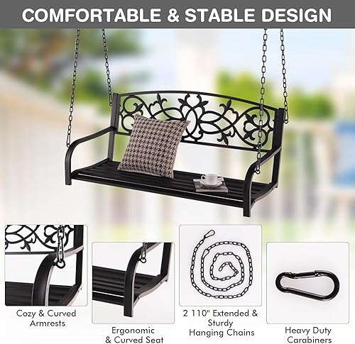 Miniatura 5 de Tangkula Columpio de porche para 2 personas, banco colgante de patio con cadenas, respaldo y reposabrazos, silla clásica de metal para exteriores