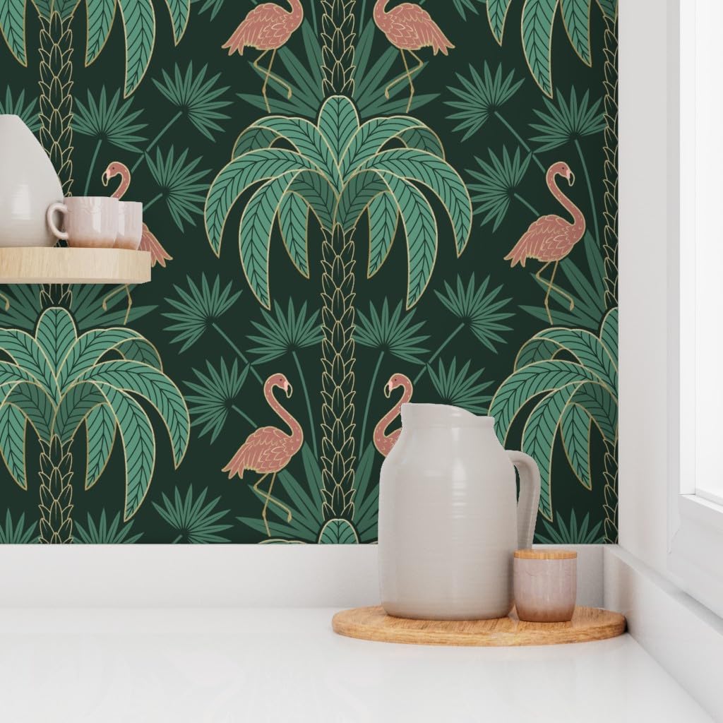 Peel & Stick Wallpaper 3ft x 2ft - Palm Trees Flamingo Art Deco Tropical Damask Deep Emerald Green Extra Flora Gold Beach Custom Removable Wallpaper by Spoonflower