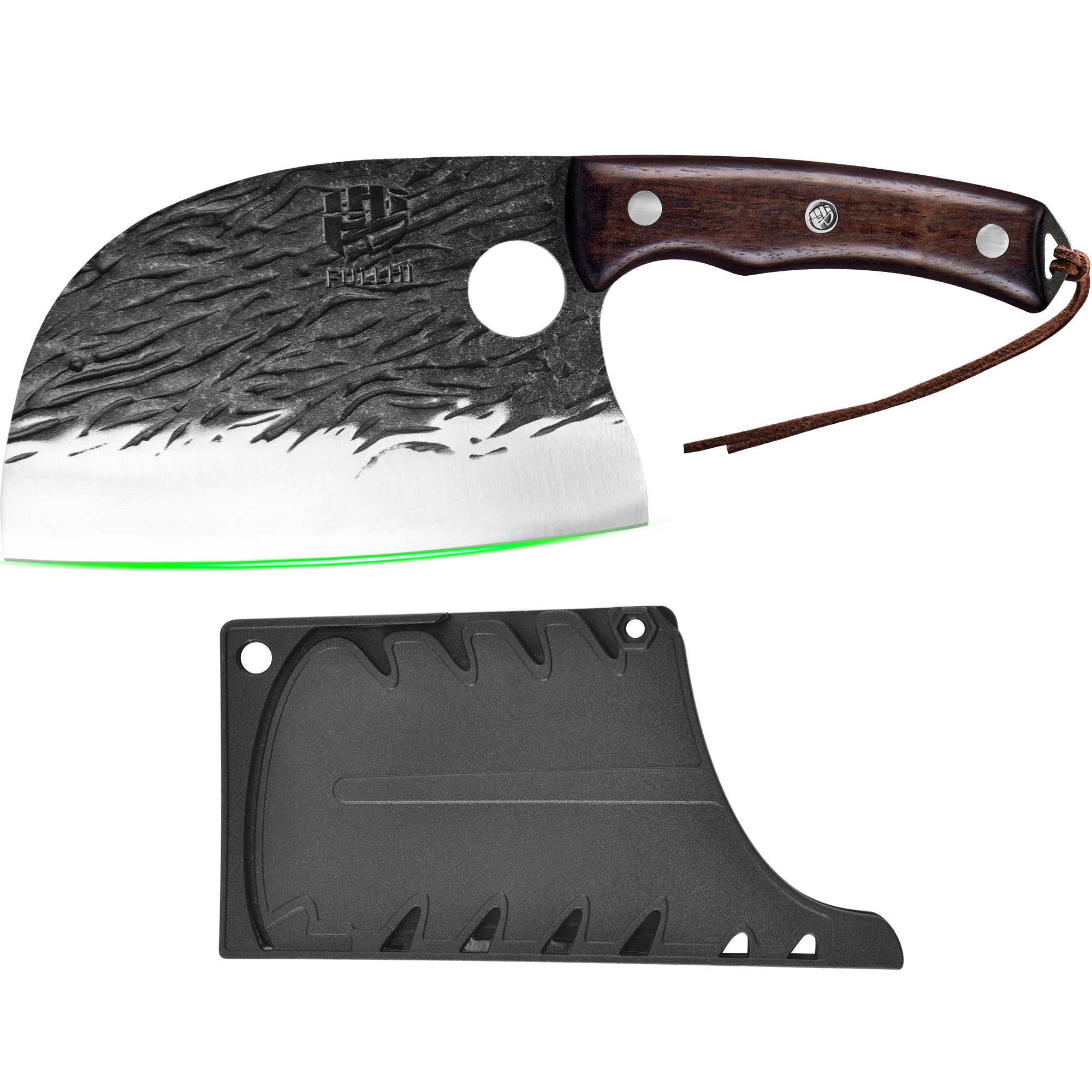 FULLHI 2pcs Coltello da macellaio con fodero, coltello da cuoco serbo Tang, coltello da verdure con mannaia in acciaio al carbonio per esterno, campeggio (Marrone, Coltello da cuoco serbo)