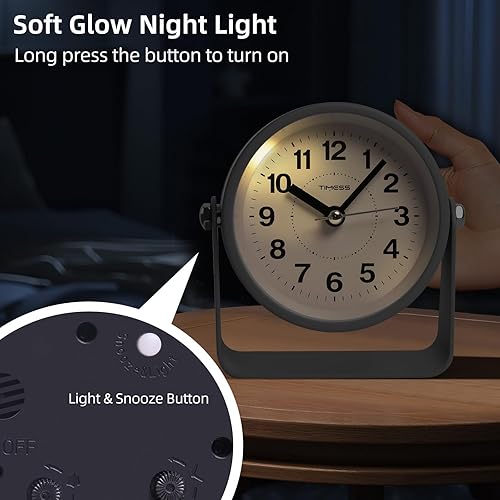 Miniatura 5 de Analog Alarm Clock, Silent Non-Ticking Quartz Movement, Battery-Operated with Snooze & On-Demand Light, Easy to Set Gentle Wake Bedside Desk Clock