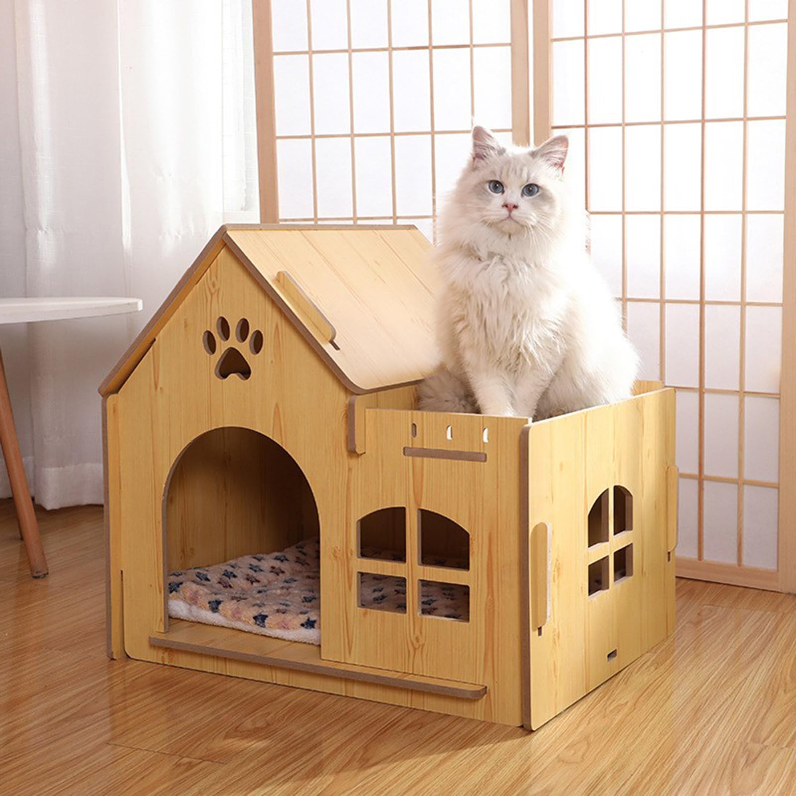 Andgogo Cat House, Wooden Cat Dog House, Large Space for Pets with