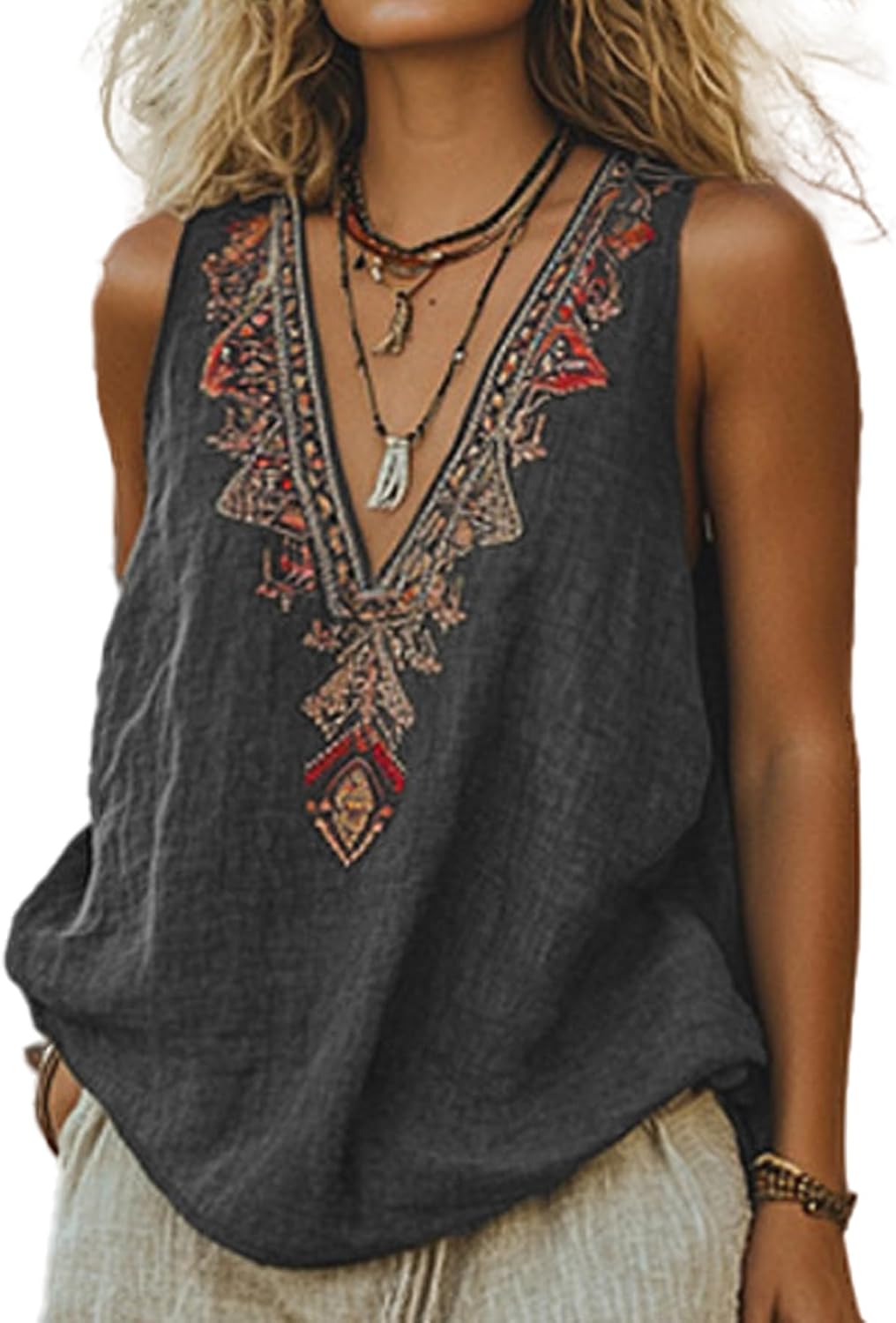 Chvity Cinco De Mayo Shirts for Women Sleeveless Mexican Embroidered Boho Tops Casual V Neck Farm Rio Linen Peasant Tank Tops