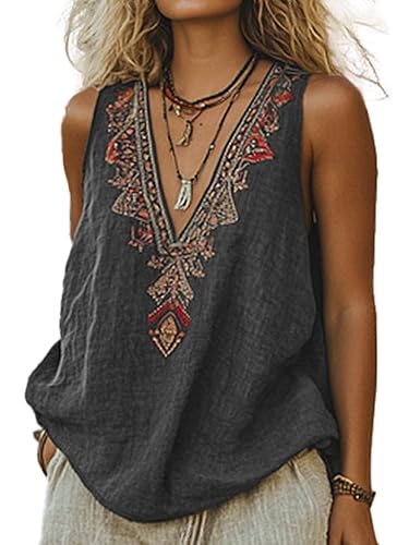 Chvity Mexican Embroidered Tops for Women Summer Floral Sleeveless Boho