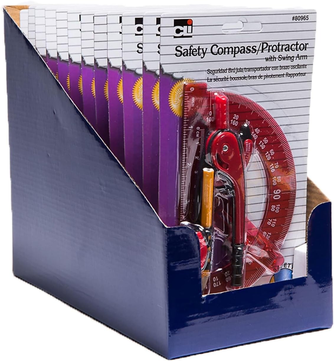 Charles Leonard Safety Compass and 6 Inch Swing Angle Arm Protractor Combo Packs, Assorted Colors, 12 Combo Packs (80965-ST)