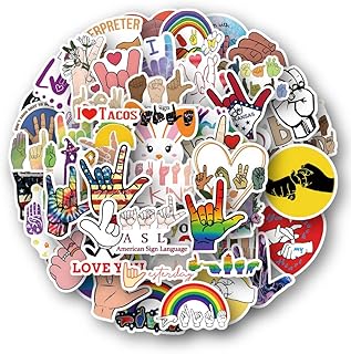 50 PCS ASL Stickers,American Sign Language Stickers,I Love You,Be Kind,Rock Gesture Stickers for Water Bottle,Skateboard,Suitcase,Laptop - Gifts for Kids Teens Adults (American Sign)