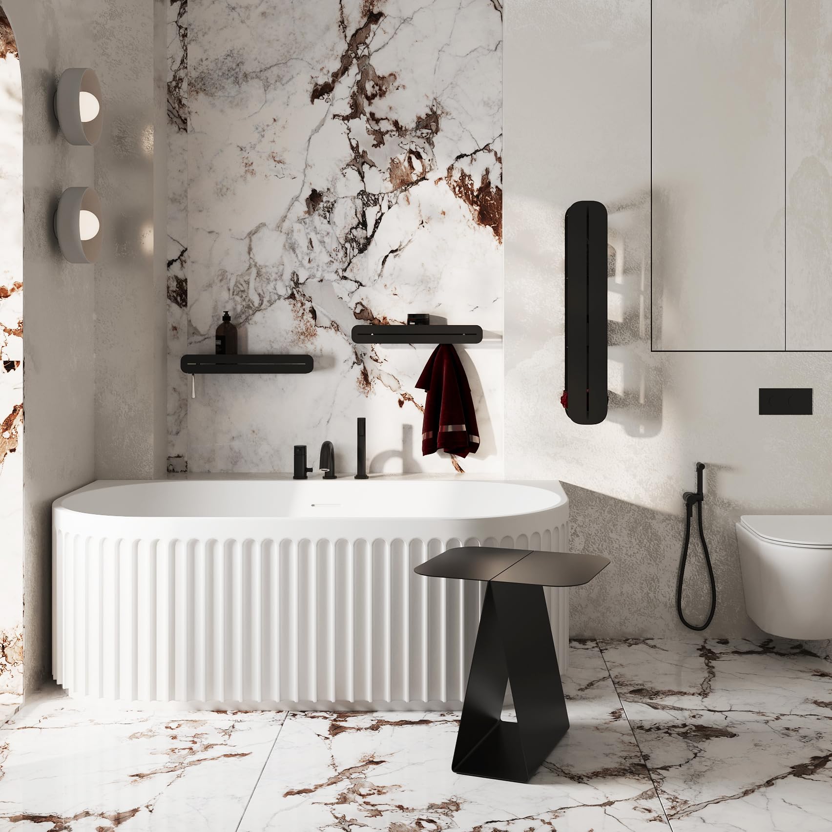 Estantería de pared para baño con ganchos, juego moderno de 2 piezas – Estante de ducha y estante con toallero de metal negro con recubrimiento en polvo – ducha, baño, cocina, pasillo - sin Taladro