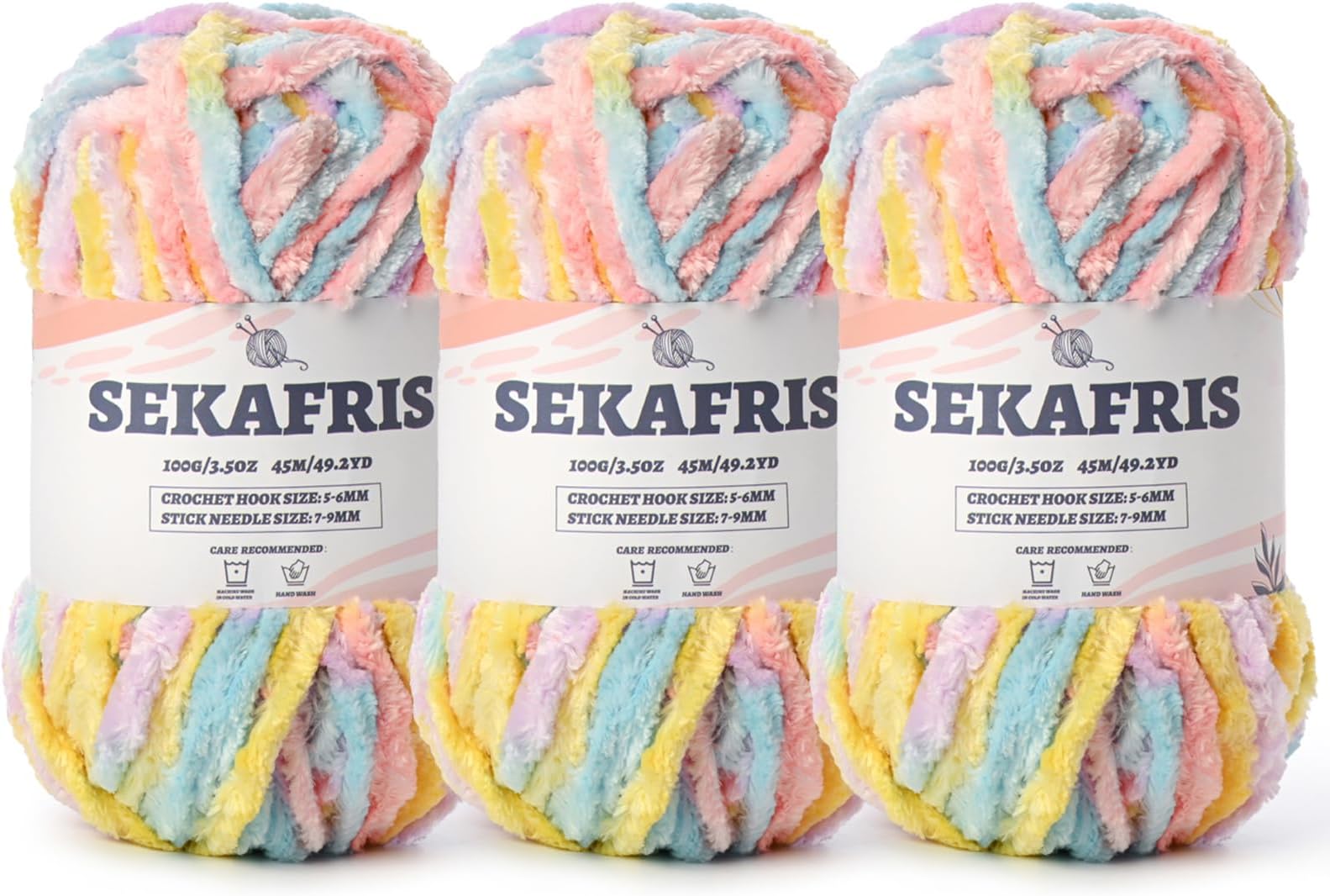 Fuzzy Chunky Chenille Yarn for Crocheting，Soft Plush Yarns for Hand Knitting，Bulky 3x100g（3x49.2 yd） Baby Blanket Yarn for Crocheting Amigurumi，Crochet Fluffy Velvet Yarns (3 Macaron)