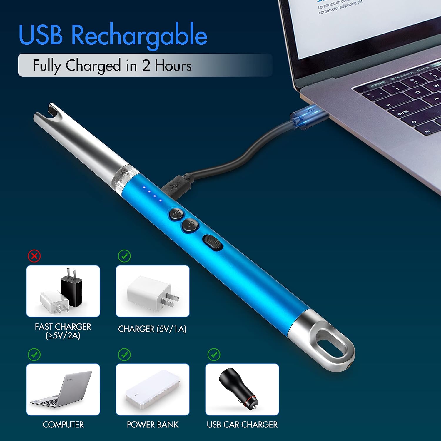 USB Rechargeable Candle Lighter, Upgraded Electric Lighter with LED Flashlight &Safe Lock, Windproof Flameless Long Arc Lighter for Candle Grill Camping Home-Blue