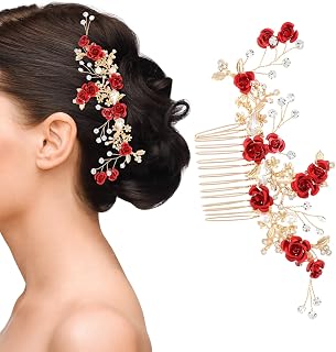 Wedding Hair Comb, Floral Hair Comb, Flower Red Hairs Pieces with Rhinestone Pearls Crystal for Women, Girls, Thick Long Hairstyle Wedding, Formal, Birthday, Everyday (Red)