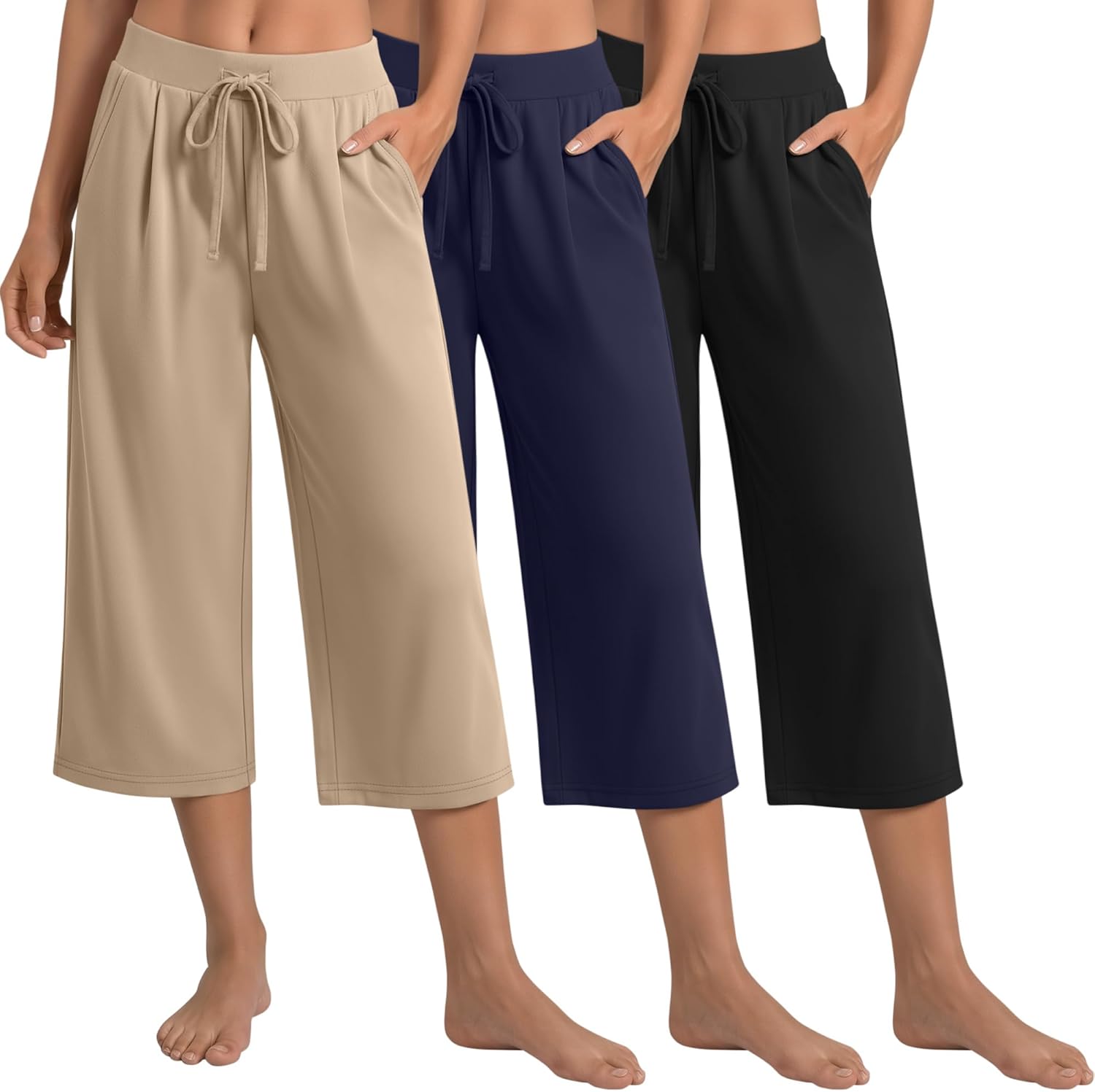 Locoowai 3 Pack Women's Capri Pants, Casual Wide Leg Yoga Pants High Waist Drawstring Cropped Lounge Trousers with Pockets