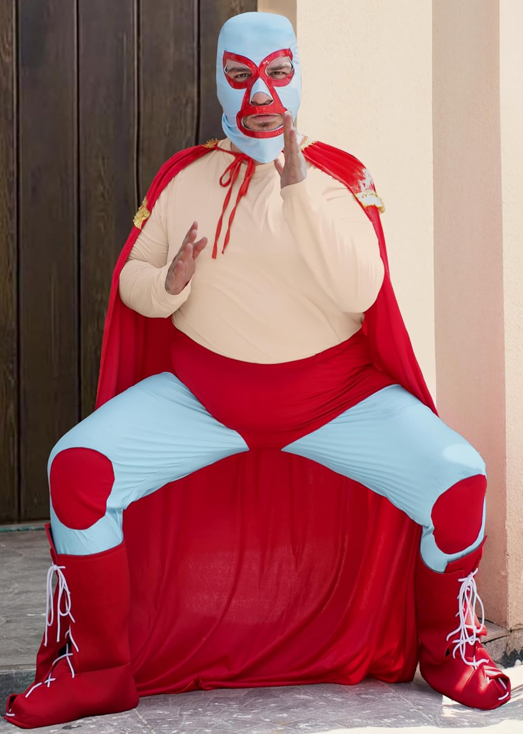 Mainfini 5 Pcs Nacho Libre Costume Adult Men Mexican Wrestler Outfit Funny Tshirt Mask Cape Tights Boot Cover (S-3XL) - Image 2