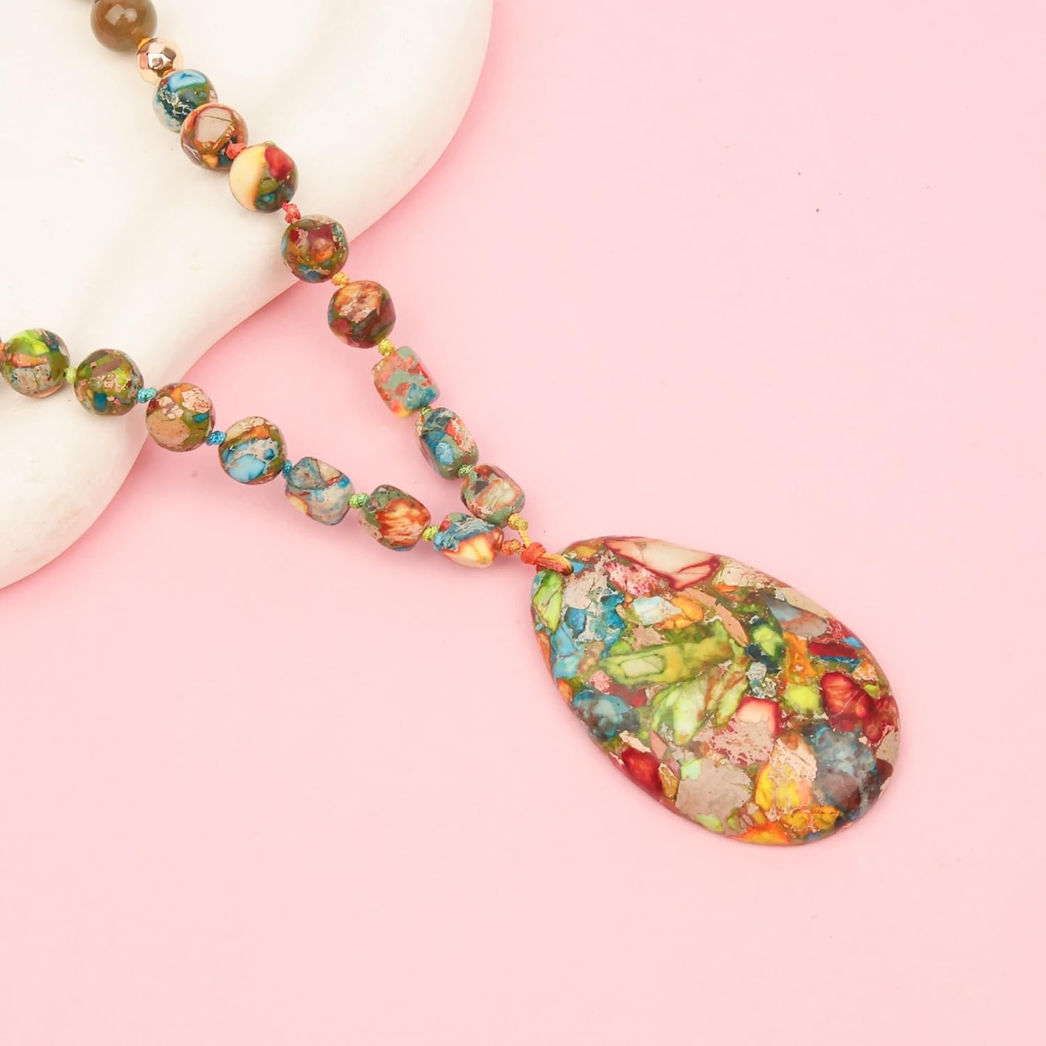 Long Necklaces for Women Boho, 31.5" Colorful Natural Stone Beaded Women's Necklaces, Handmade Heart Jasper Pendant, Vintage Bohemian Jewelry Gifts for Mom Grandma