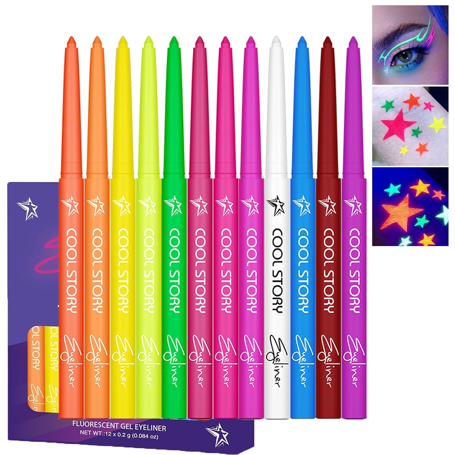 | Longlasting & Play Eyeliner Set | Glowing in Dark UV Neon Light | Waterproof Smooth No-Tug Formula | for Concert, Party, Halloween, Christmas | Eyeliner Pencil (12PCS, Fluorescence)
