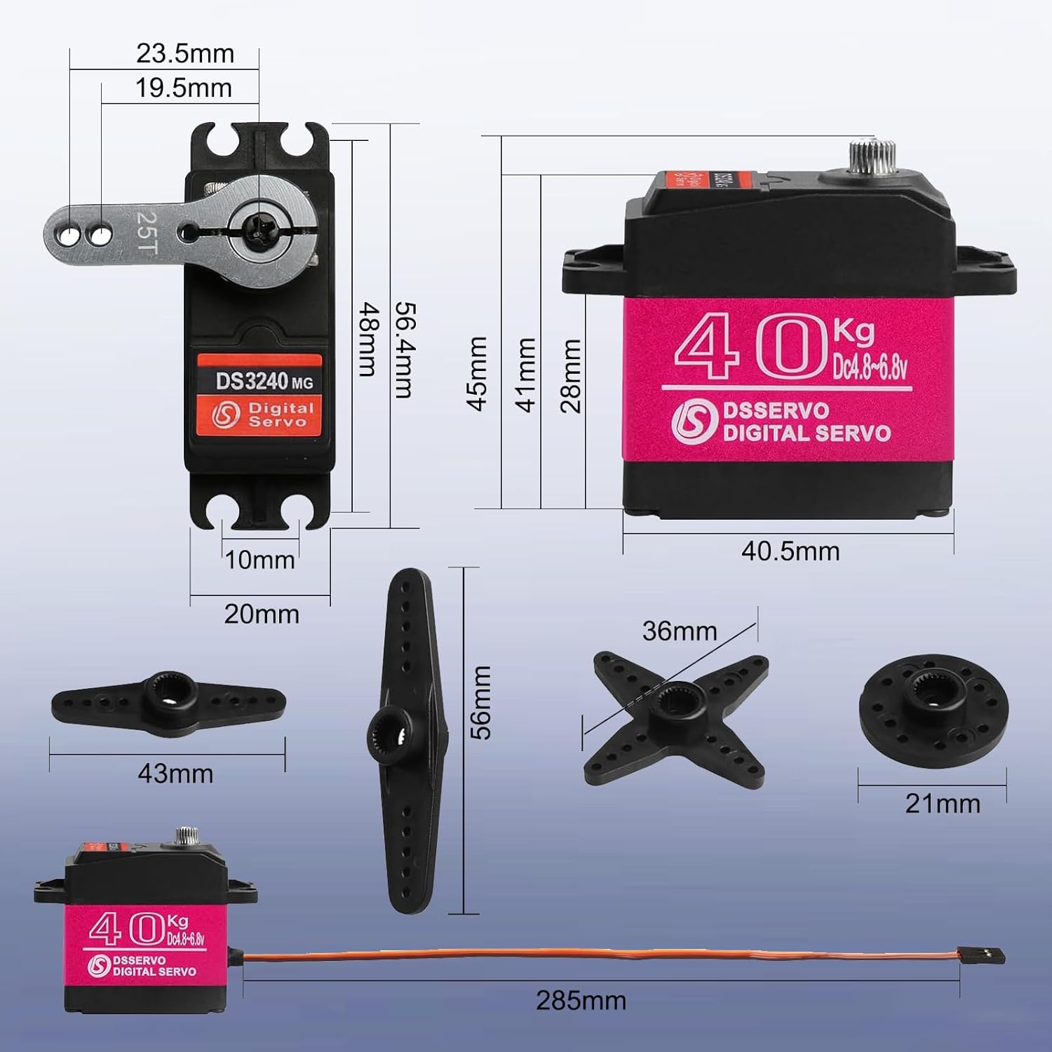 2Pcs 40KG Digital RC Servo with 25T Servo Arm, DS3240MG Full Metal Gear High Torque Steering RC Servo for 1:8 1:10 Scale RC Cars Crawlers Buggy Trucks Airplane Control Angle 180°