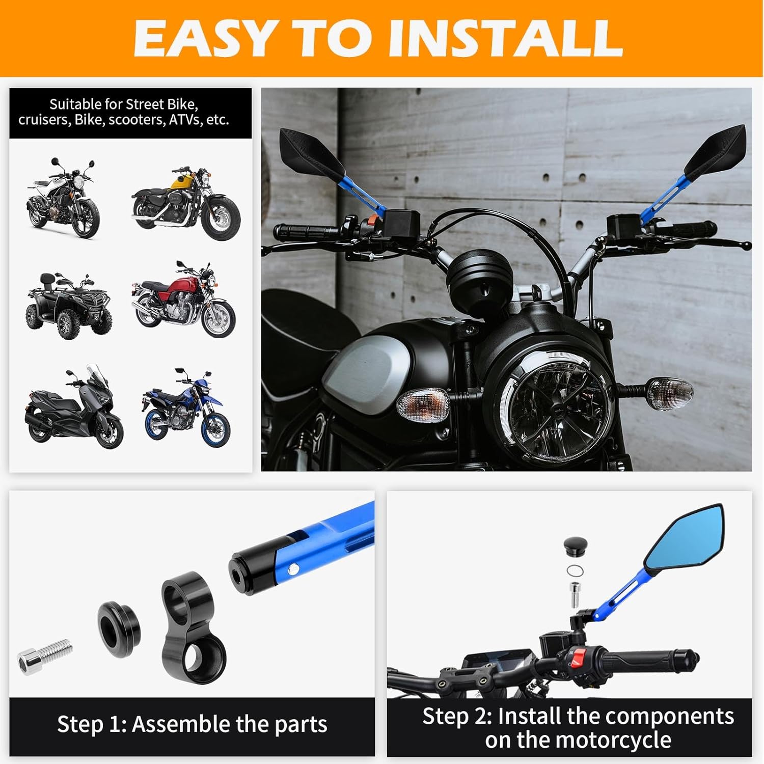 JMTBNO 8mm 10mm Motorcycle Rearview Mirror Side Rear view Mirrors For Motorcycle Dirt Bike Quad Street Bike Adventure Snowmobile Jet ski Scooter Coolster Moped GY6 ATV's (Blue)