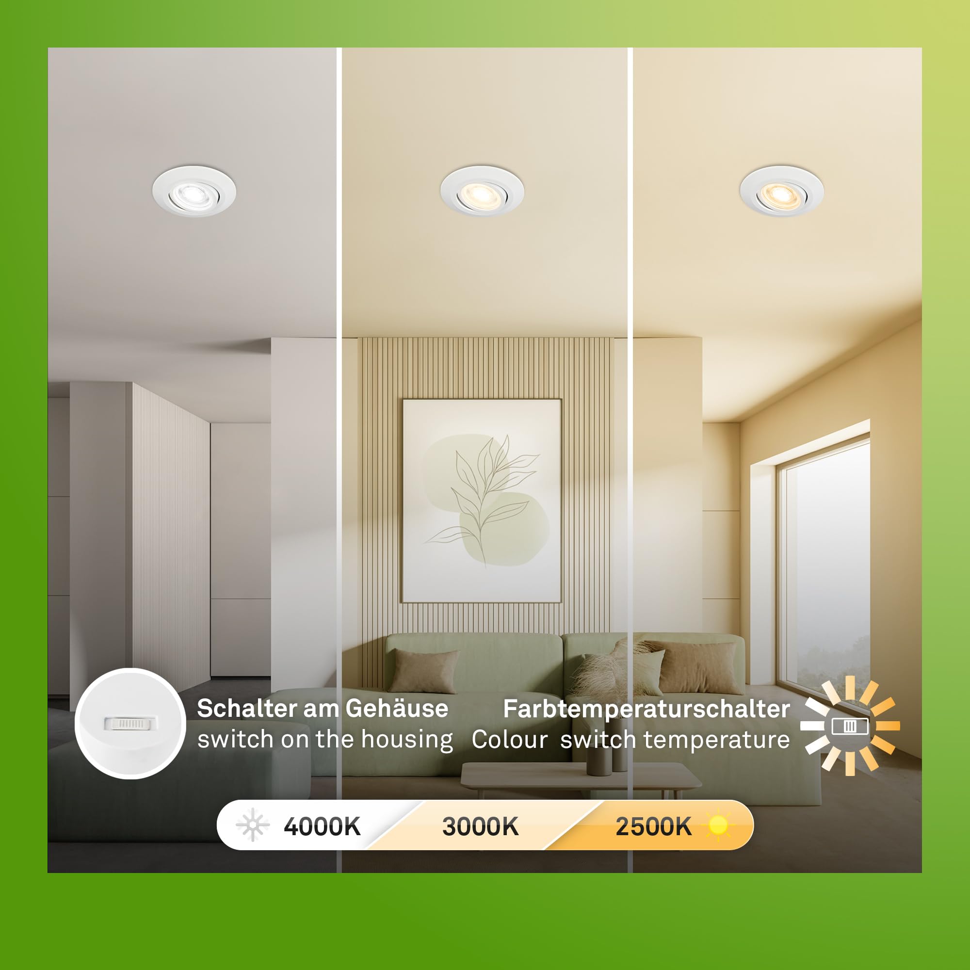 BRILONER - 3er Set LED Einbaustrahler 230V Gehäuse 50% recycelt, Dimmbar, Schwenkbar, Ra90, Farbtemperaturwechsel, LED Spot, flach, Deckenspots, Einbauleuchten, 68mm, 90x24mm (DxH), Weiß
