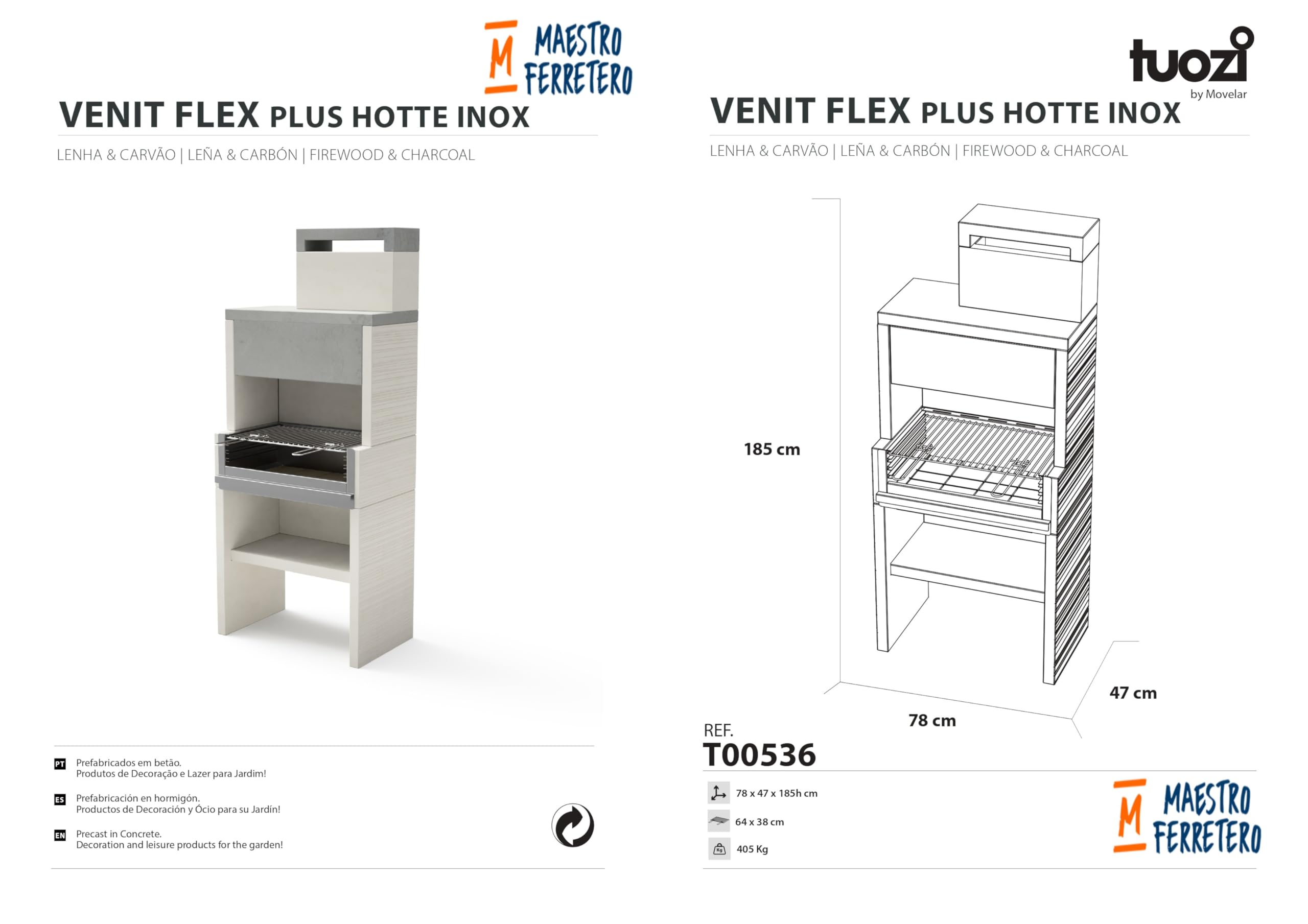 TUOZI - Einbaugrill für Holz und Holzkohle Modell VENIT FLEX PLUS HOTTE (EDELSTAHL) (Grau/Weiß - 78 x 47 x 185 cm) REF: T00536 - Für den Außenbereich