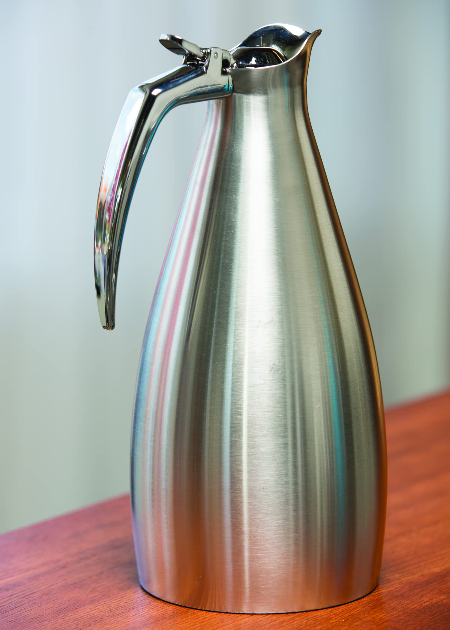 Service Ideas ALTU15BS Altus Carafe Pitcher, Stainless Steel, Flip Top lid, 1.5 Liter, 50.7 Ounces, Dishwasher safe, NSF certified, Brushed finish with polished accents