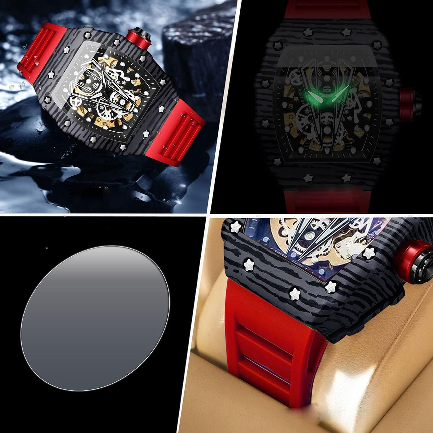 Skeleton Square Watches for Men, Barrel Big Face Sports Military Business Dress Rubber Strap Chronograph Luminous Waterproof Date Quartz Men Wrist Watch Relojes para Hombres