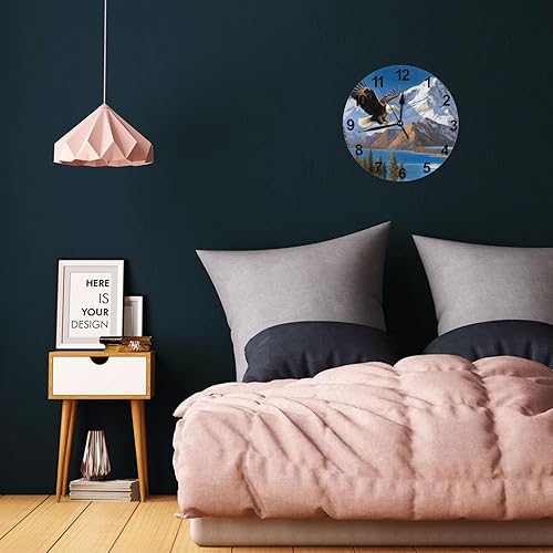 Miniatura 7 de KiuLoam Reloj de pared redondo silencioso sin tictac, árbol de águila, montaña, lago, decoración del hogar, funciona con pilas, decorativo para sala