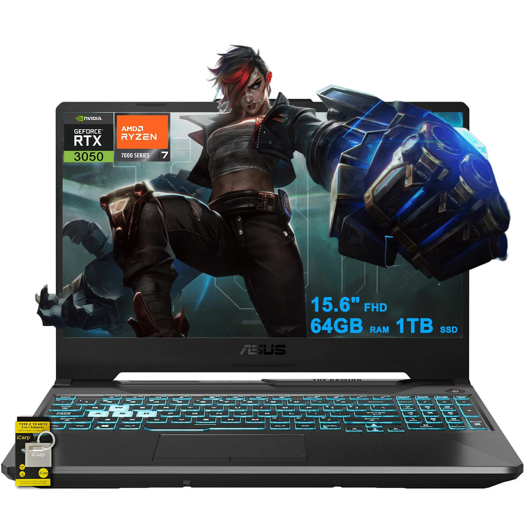 ASUS TUF Gaming A15 Laptop 15.6" FHD Anti-Glare 144Hz AMD Octa-core Ryzen 7 7435HS (Beats i7-12700H) 64GB RAM 1TB SSD GeForce RTX 3050 Backlit USB-C Fast Charging Win11 with Accessory