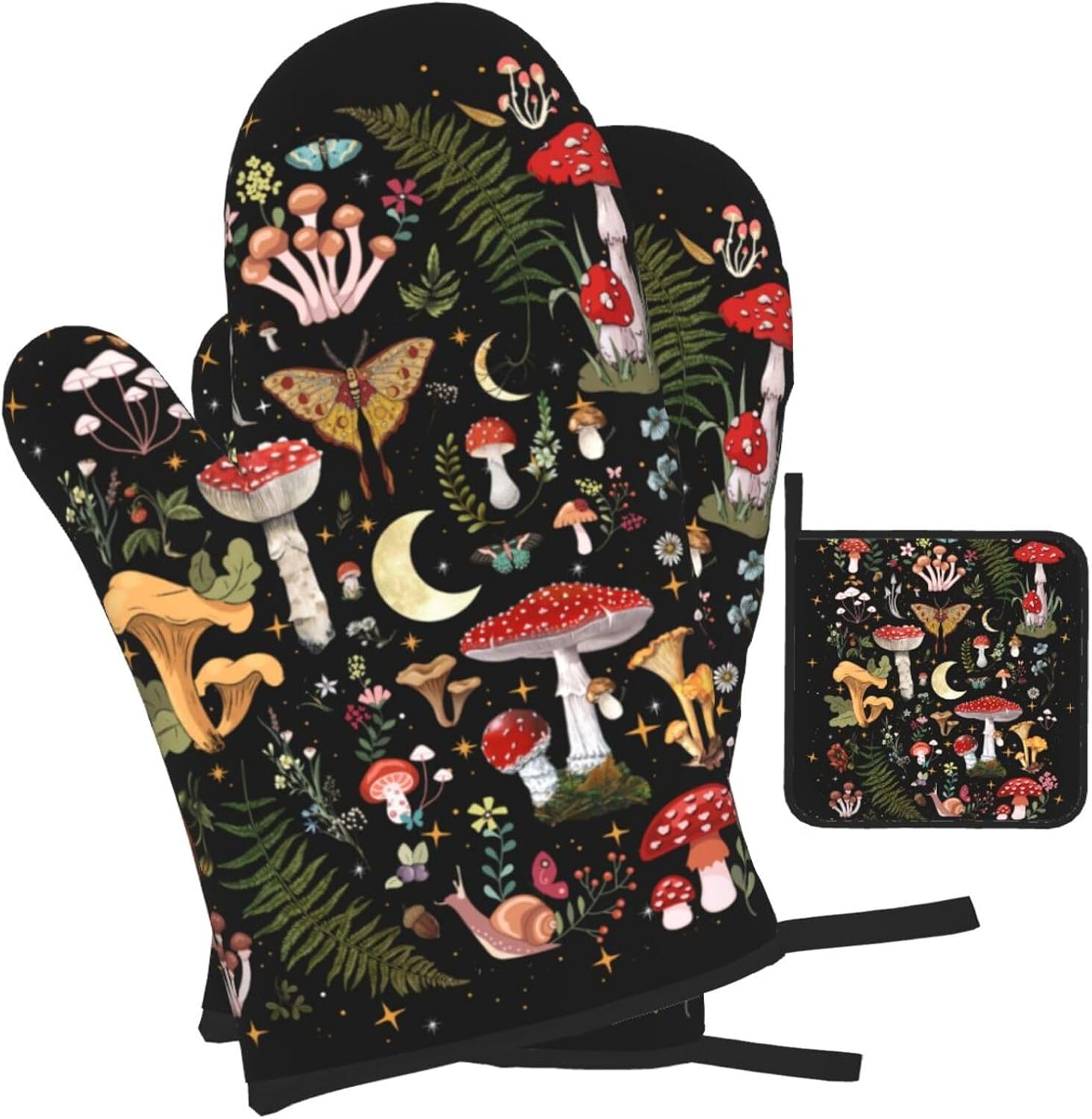 Mushroom Oven Mitts and Pot Holders Sets, Heat Resistant Black Hot Pads Witchy Oven Gloves for Cooking Grilling Baking Kitchen Decor Aesthetic, Witchy Gifts for Women,Mushroom Gifts for Women - Image 2