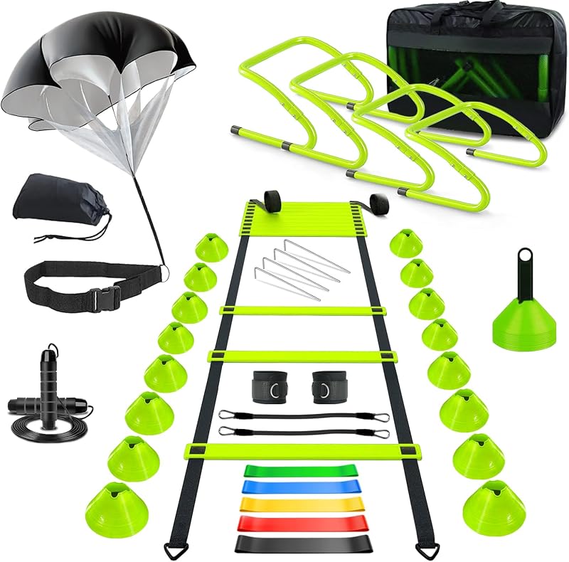 Haootadiy Equipo de entrenamiento de agilidad, equipo de entrenamiento de fútbol incluye escalera de agilidad de 20 pies, 4 vallas de agilidad ajustables, 12 conos de fútbol, ​​paracaídas, para entrenar atletas de fútbol y baloncesto