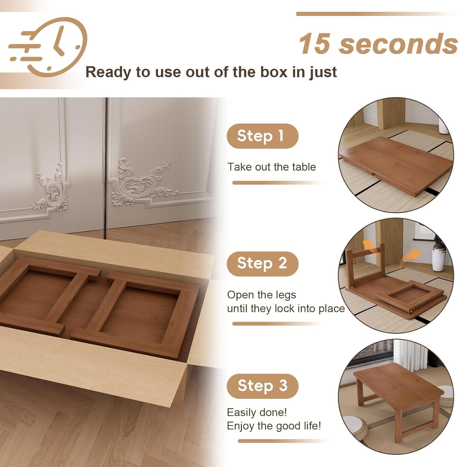 Japanese Low Floor Table, Folding Coffee Tables Bamboo Foldable Dsk Versatile for Sitting Dining Table Tea Tatami Folding Table for Dining Room Living Room, No Assembly, Space-Saving (Walnut)