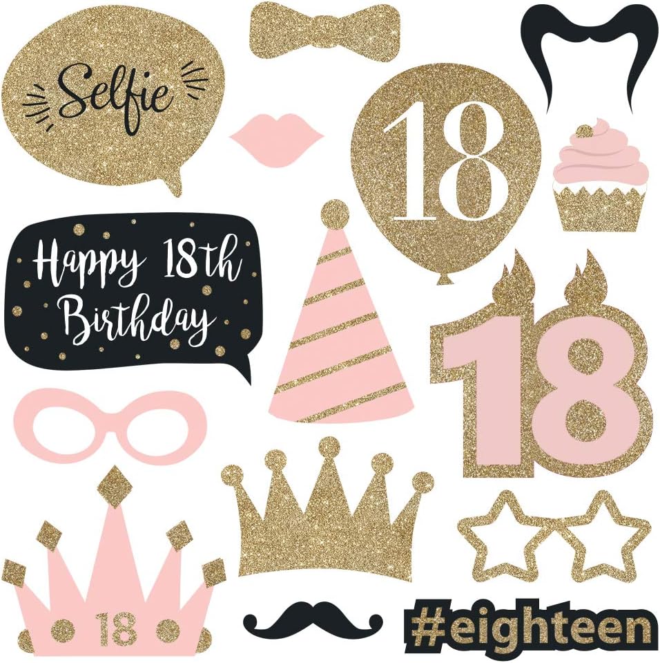 Fully Assembled 18th Birthday Photo Booth Props - Set of 30 - Pink & Gold Selfie Signs - 18th Party Supplies & Decorations - Cute Bday Designs with Real Glitter - Did We Mention No DIY