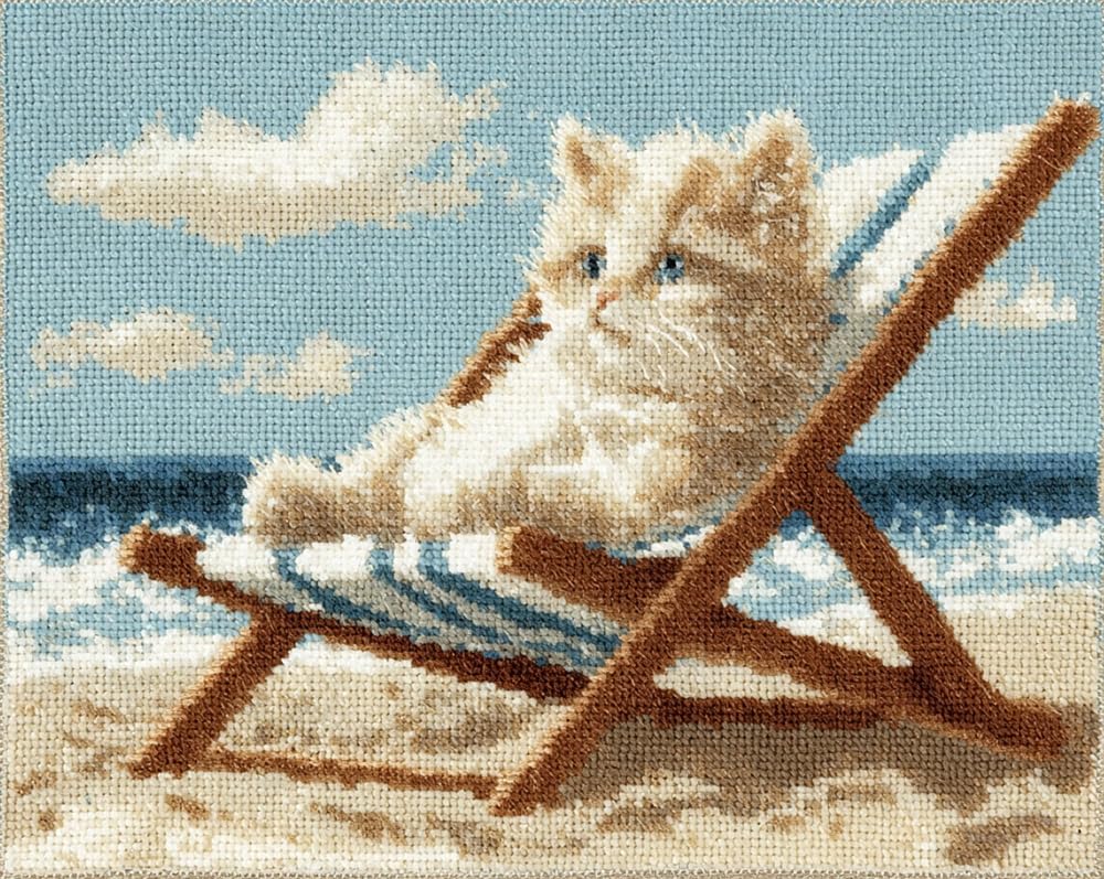 Kitquiver Rug Kits for Adults Latch Hook Pre Printed Cute Kitten Sitting On A Beach Chair DIY Crafts Crochet Yarn Handmade Embroidery with Printed Canvas Needlework for Home Decor 39X55In