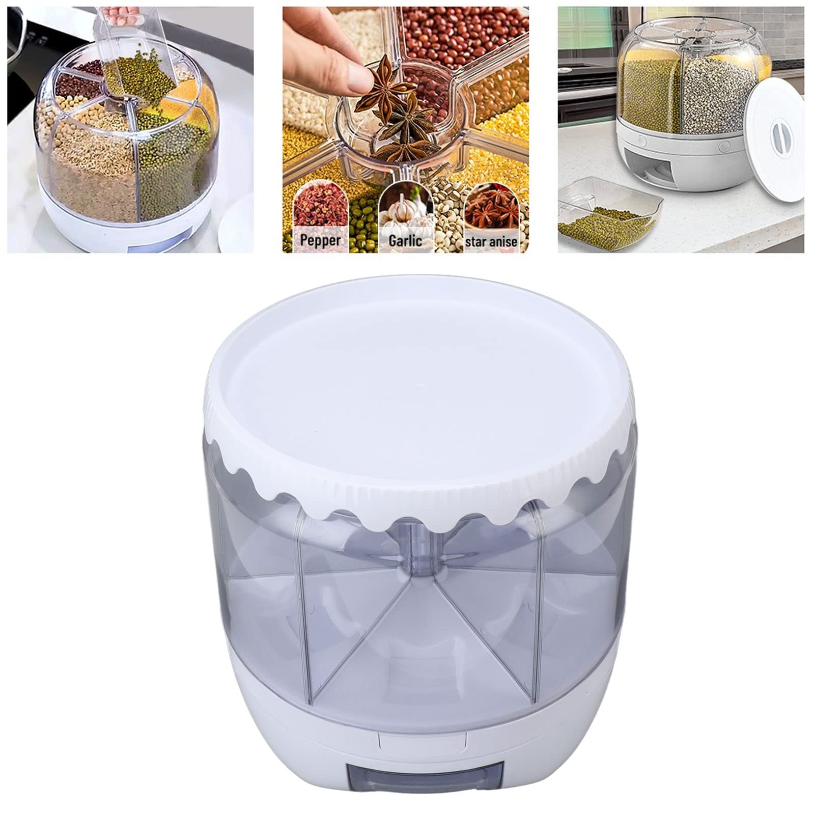 Contenedor de almacenamiento de arroz y cereales de 6 rejillas, dispensador de alimentos giratorio doble ed de 10000 ml para arroz negro, arroz amarillo y frijoles, dispensador de cereales