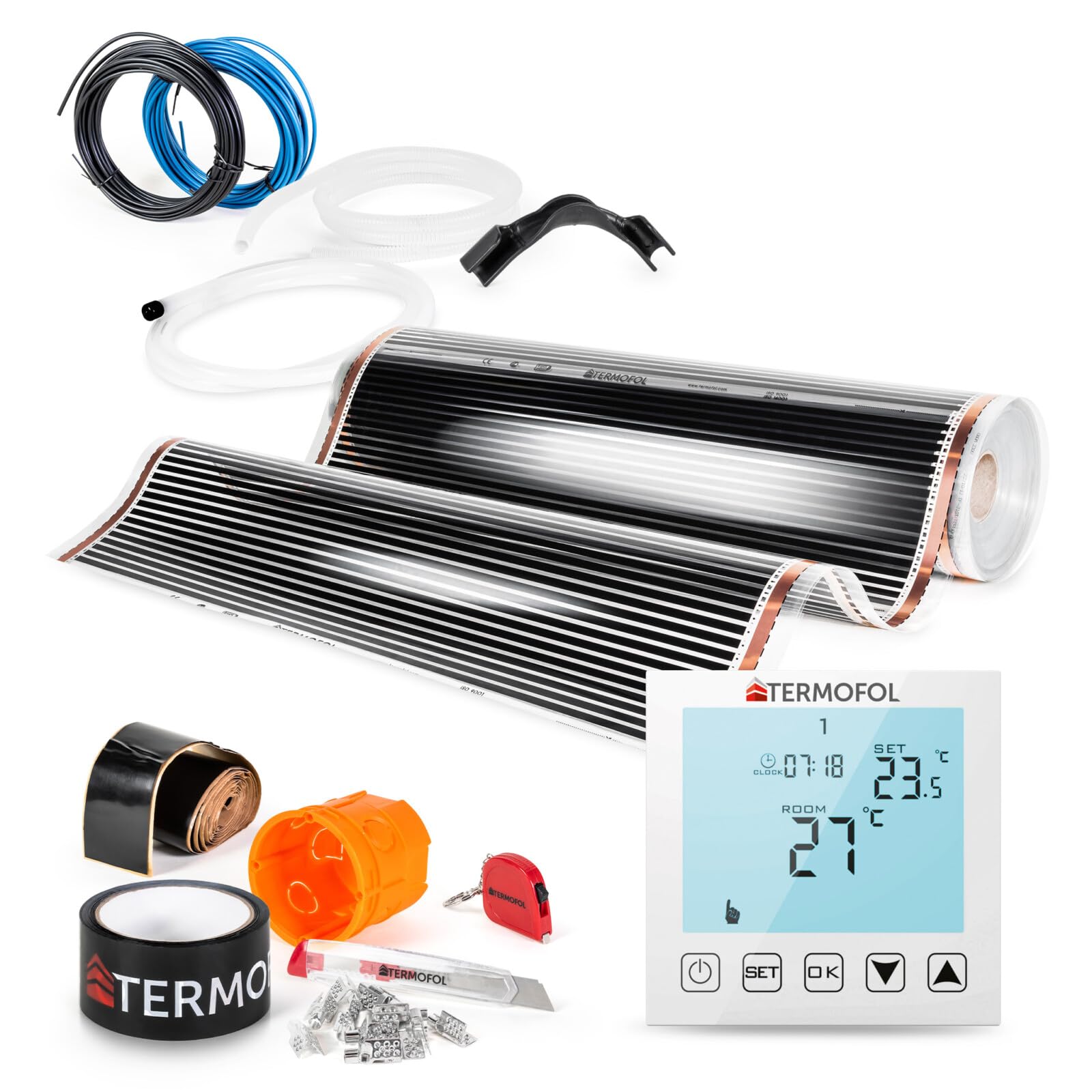 Termofol - Folia grzewcza na podczerwień | Moc: 140W/m2 | Powierzchnia 18 m² | Kompletny zestaw z termoregulatorem TF-H1 | Do samodzielnego montażu | Ogrzewanie podłogowe, ścienne lub sufitowe | Ogrzewanie na podczerwień