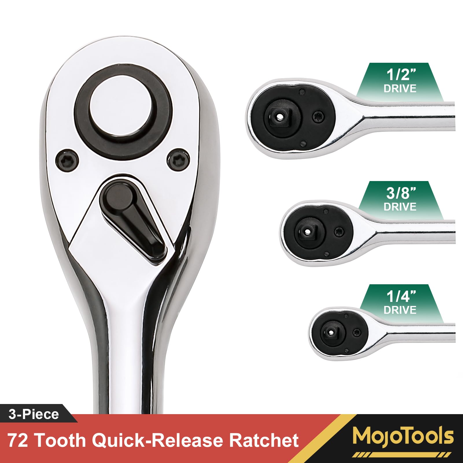 3er Set Ratschen 1/4", 3/8", 1/2" – 72 Zähne, Quick-Release, Chrom-Vanadium-Stahl