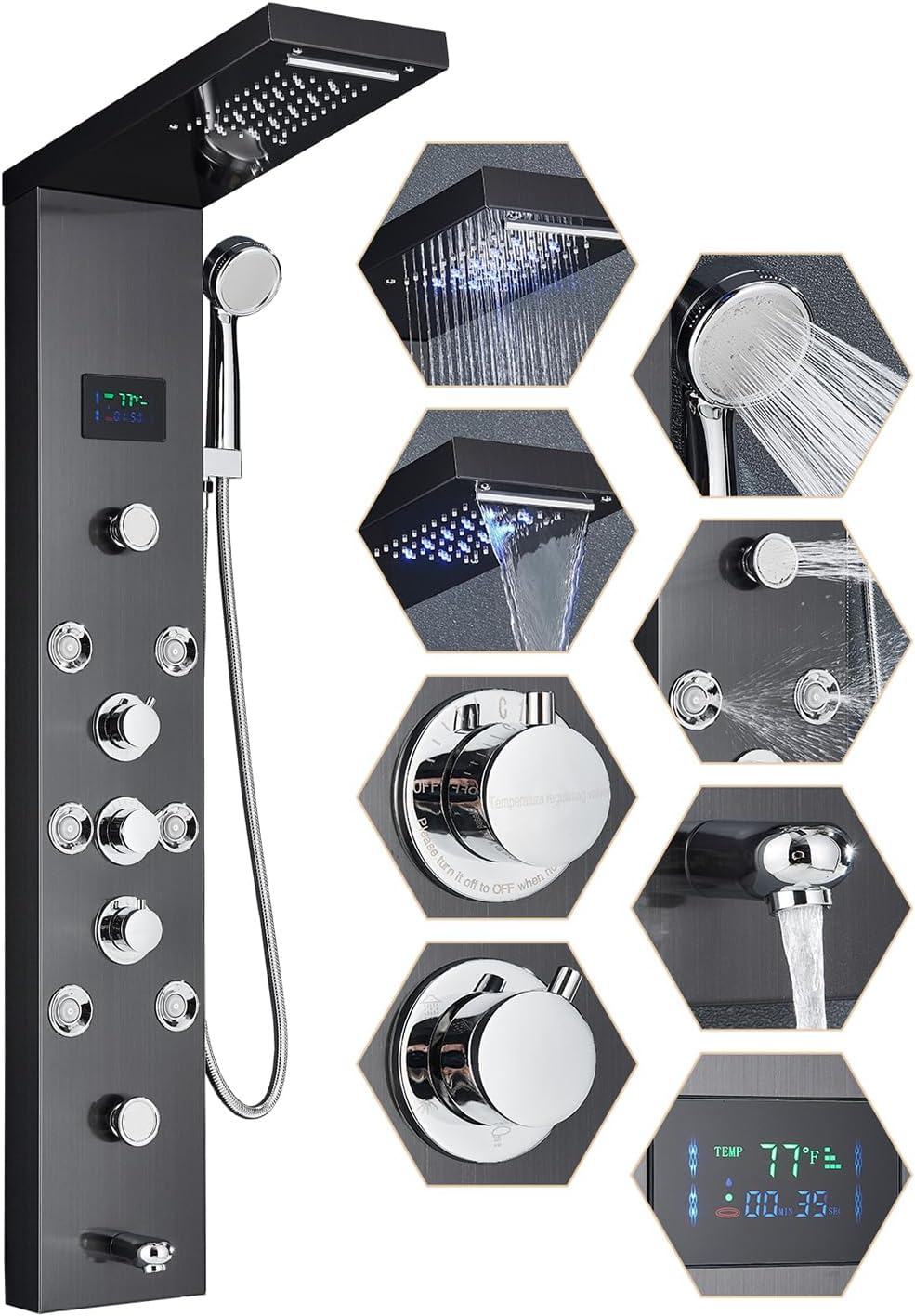 Shower Panel Wall Mount Shower Tower LED Rainfall Waterfall Showerhead Full Body Shower System with Adjust-angle Body Jets Contemporary Bathroom Shower Panels Stainless Steel, Black