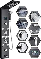 LiveComfortableatHome 6-in-1 LED Rainfall Waterfall Shower Panel Tower - Stainless Steel Wall Mount Full Body Jets, Handheld Wand, Black