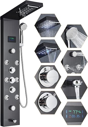 Votamuta Shower Panel Wall Mount Shower Tower LED Rainfall Waterfall Showerhead 