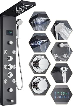 Shower Panel Wall Mount Shower Tower LED Rainfall Waterfall Showerhead Full Body Shower System with Adjust-angle Body Jets Contemporary Bathroom Shower Panels Stainless Steel, Black