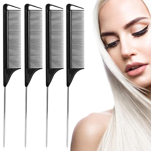 Miniatura 2 de Peine de cola de rata, peine de separación, juego de peines de metal largos de acero para estilista, peines para cabello para mujeres (4 paquetes,