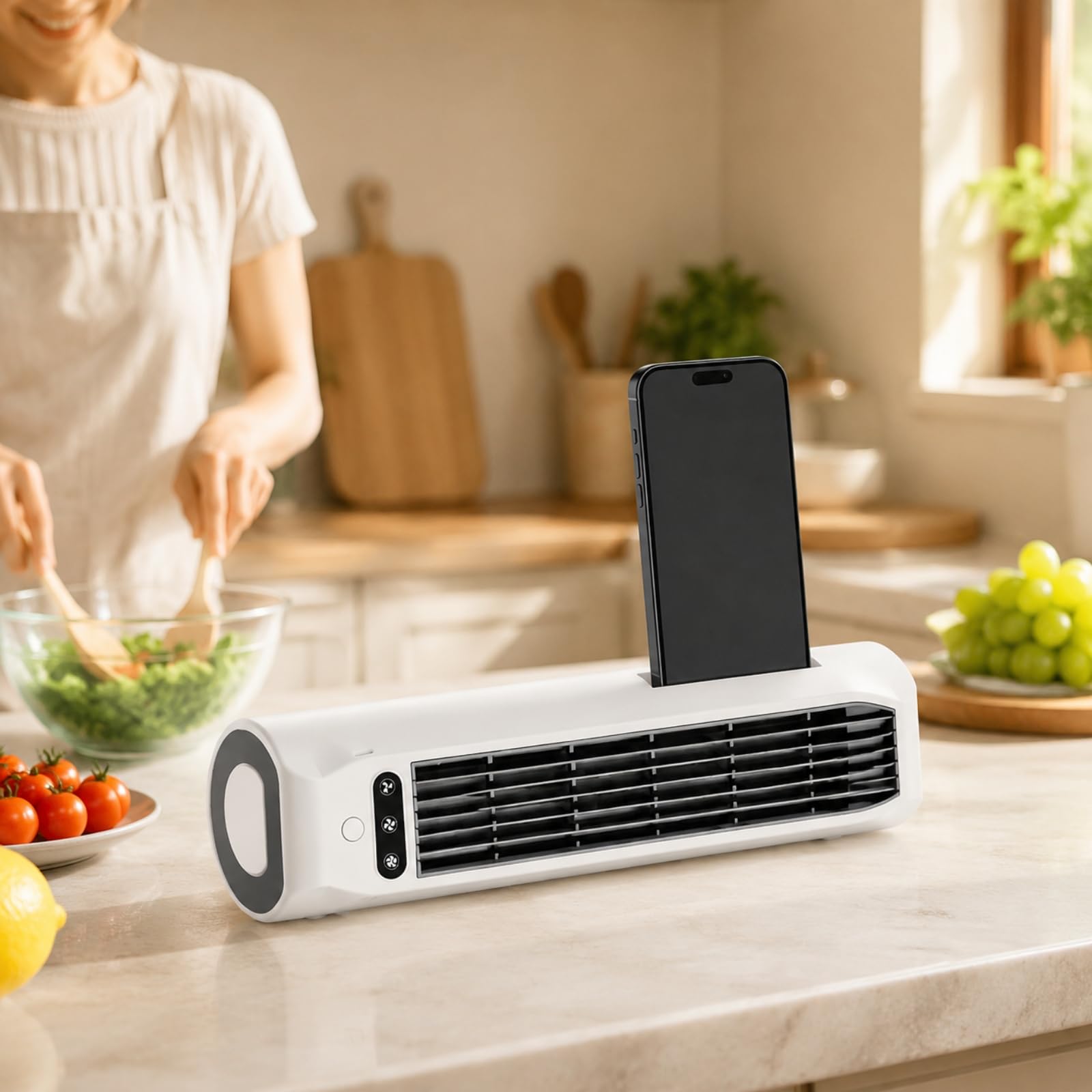 MERIGLARE Ventilateur Tr Pale Rechargeable USB Ventilateur Support Téléphone Compact pr Chambre, Cuisine