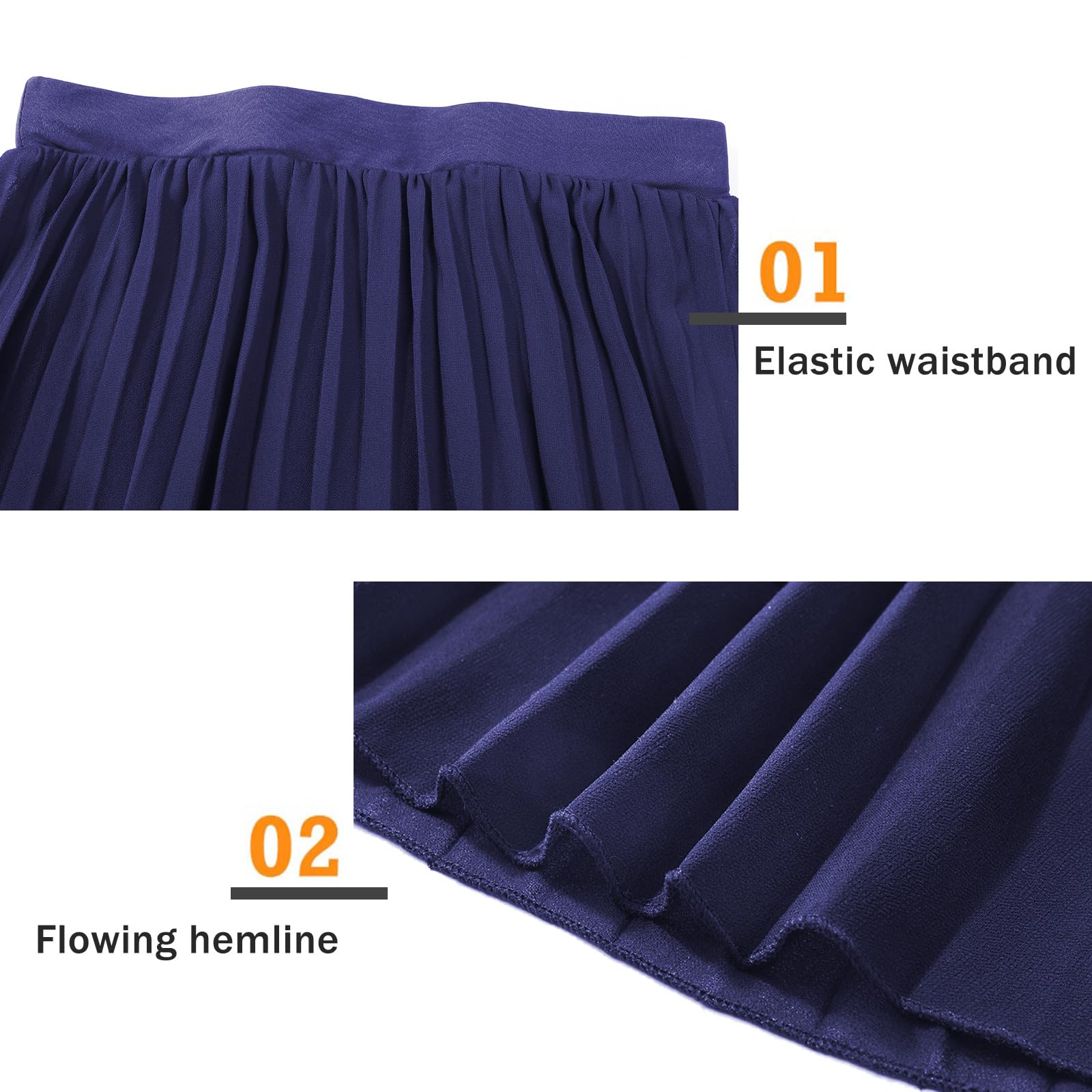 Genfien Donna Chiffon Elastico Vita Linea A Pieghettato Midi Gonna con Fodera