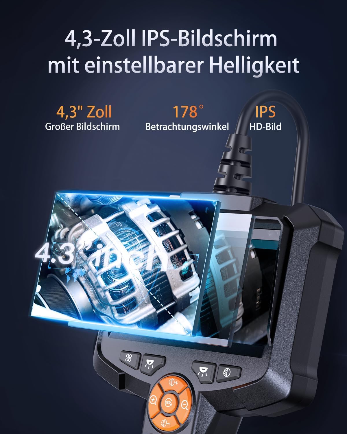 Endoskopkamera mit Licht, AOPICK 4.3" IPS Bildschirm Endoskop mit 10M Halbstarres Kabel, 8mm IP67 wasserdichte Industrielles Inspektionskamera, 1080P HD Rohrkamera mit 8 einstellbaren LEDs
