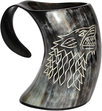 5MOONSUN5s Stark House Viking Drinking Horn Mug Wolf Carved Tankard