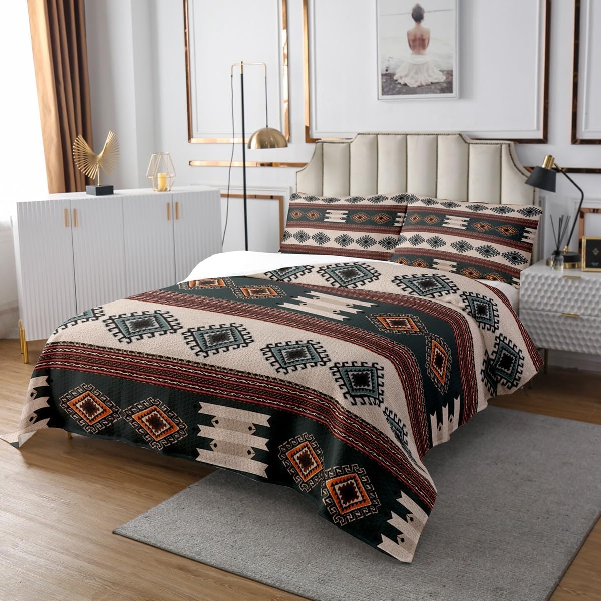 Feelyou Western Quilt Set Twin Size Southwestern Bedspreads for Boys Girls Kids Teens Bedroom Decor Boho Aztec Cowboy Coverlet Women Men Native Geometric Tribal Quilted Bedspread, Brown Blue